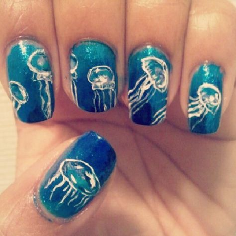 Jellyfish nails Simple Jellyfish Nail Art, Jellyfish Nail Art, Jellyfish Nails, Fish Nail Art, Summer Nails Diy, Fish Nails, Nails Summer Nails, Henna Ideas, Animal Nail Art