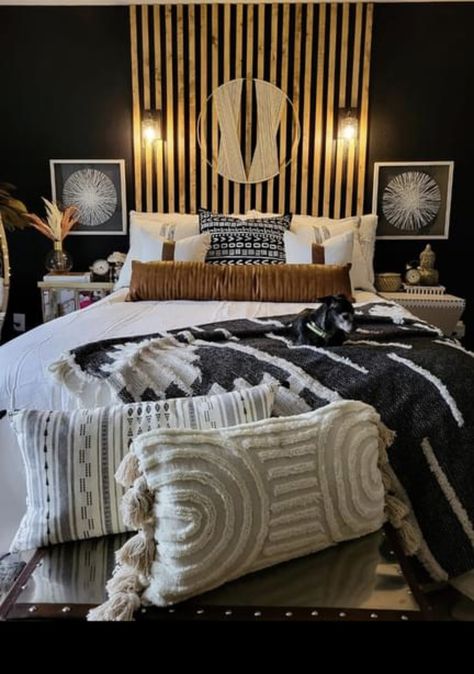 Luxury Black Bedroom, Wood Panel Bedroom, Wall Behind Bed, Wall Panels Bedroom, Feature Wall Bedroom, Sliding Gate, House Bedrooms, Accent Wall Bedroom, Bedroom Panel