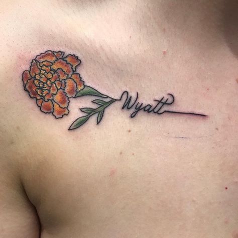 marigold-tattoo-tattooandy1-chest-hands-and-feet-6 Marigold Tattoo With Name, Colourful Tattoo For Women, Small Marigold Tattoo, Marigold Tattoos, Marigold Tattoo, Colour Tattoo For Women, Infinity Symbol Tattoo, Colour Tattoo, Tattoos With Kids Names