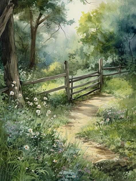 Kunst Inspo, Watercolor Art Landscape, Soyut Sanat Tabloları, Landscape Art Painting, 수채화 그림, Watercolor Landscape Paintings, Watercolor Art Lessons, Wooden Fence, Jolie Photo