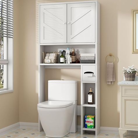 Amazon.com: Shintenchi Over The Toilet Storage Cabinet, Bathroom Storage Cabient with Barn Doors, Bathroom Storage Shelf Organizer with Toilet Paper Holder, Adjustable Shelf and Anti-Tip Device, White : Home & Kitchen Barn Doors Bathroom, Cabinet Bathroom Storage, Over The Toilet Storage Cabinet, Storage Cabinet Bathroom, Bathroom Storage Shelf, Toilet Storage Cabinet, Practical Bathroom, Over The Toilet Storage, Side Shelves