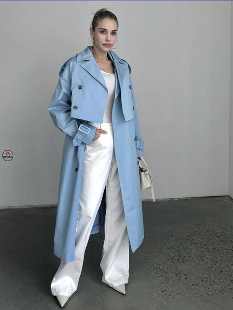 DENGSS Women Fashion Cotton 2 Piece Trench Coat Blue Khaki Long Overcoat Baby Blue Coat Outfit, Blue Trench Coat Outfit, Boys Plaid Shirt, Long Outerwear, Double Breasted Overcoat, Trench Coat Outfit, Blue Trench Coat, Long Overcoat, Elegant Pattern