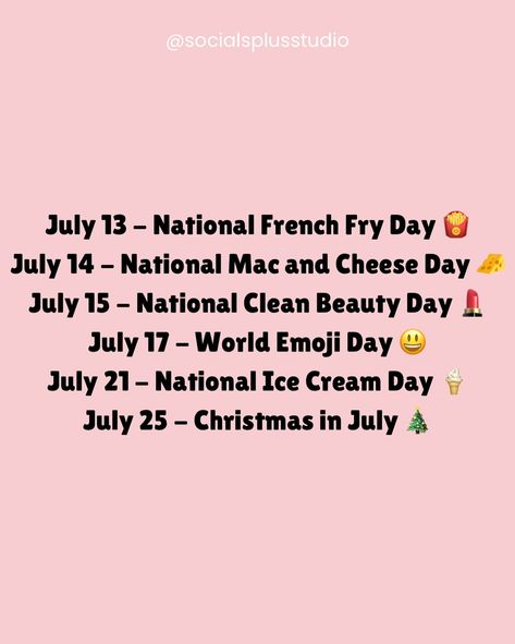 Idk about you, but this content calendar is making me hungry 🤤🍪🍽️… July is full of yummy dates - like chocolate and lasagna - count me in!!!!😍🤤 I’m definitely a foodie so I’m going to take advantage of every single one of these delicious days! But aside from celebrating popular food items, there are some great dates to inspire content next month!✨ Which one are you most excited for? Comment below👇🏼 #july #contentcalendar #contentcreator #contentmarketing #contentplanningtips #contentpill... National French Fry Day, World Emoji Day, Cheese Day, Ice Cream Day, Content Planning, Content Calendars, Marketing Professional, Which One Are You, Popular Recipes