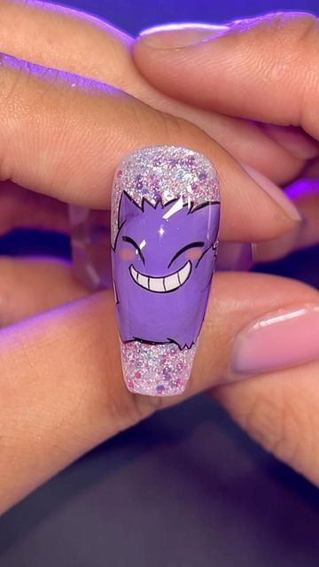 Short Pokemon Nails, Gengar Nail Art, Gengar Nails, Pokemon Nail Art, Pokemon Nails, Geeky Nails, Nerdy Nails, Men Nails, Character Nails