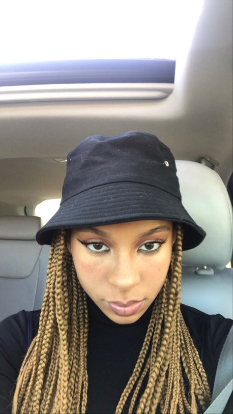 Cap With Braids Black Women, Hat With Knotless Braids, Hats With Braids Black Women, Braids With Hats Black Women, Braids And Baseball Caps Black Women, Braids And Hats, Black Bucket Hat With Chains, Protective Hairstyles For Natural Hair, Cap Hair