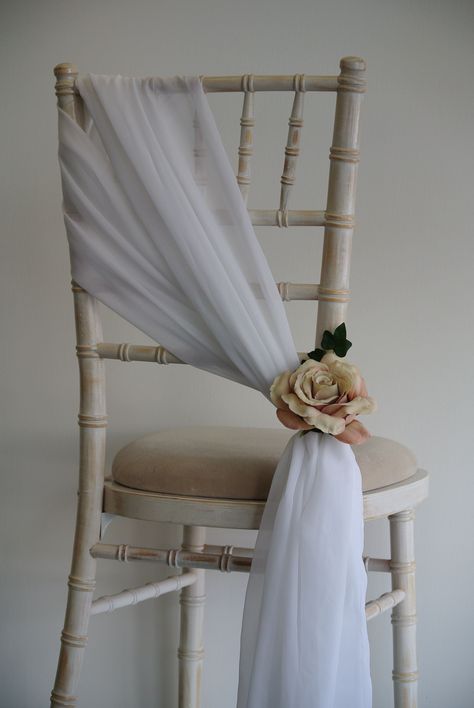 Wedding Chair Decorations Diy Reception, Wedding Chair Draping, Chair Decoration For Wedding, Chiffon Chair Sash, Wedding Chairs Decor, Quince Chair Decorations, Chair Drapes Wedding, Wedding Chair Decorations Ceremony, Chair Wedding Decorations