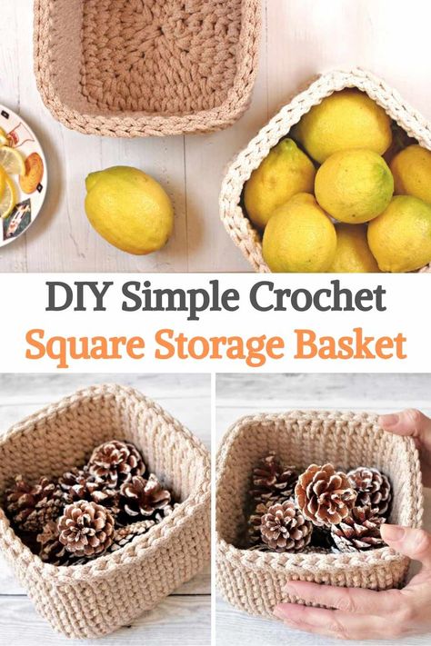 Crochet A Square Basket, Crochet Pattern Home Decor, Diy Crochet Home Decor, Crochet Square Baskets, Crochet Basket Easy, Crochet Home Accessories, Crochet For The Kitchen, Square Crochet Basket Pattern Free, Crochet For Kitchen