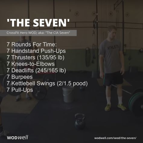 7 Rounds For Time: 7 Handstand Push-Ups; 7 Thrusters (135/95 lb); 7 Knees-to-Elbows; 7 Deadlifts (245/165 lb); 7 Burpees; 7 Kettlebell Swings (2/1.5 pood); 7 Pull-Ups Lima Wod Crossfit, Hero Wod Crossfit Workout, Crossfit Endurance, Wods Crossfit, Hero Workouts, Spartan Race Training, Crossfit Workouts Wod, Hero Wod, Crossfit Workouts At Home