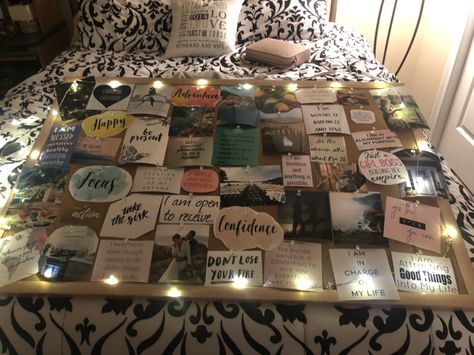 Creating this Vision Board was SUPER easy. Got the cork board, push pins, and the fairy lights from Target. Saved all of the photos/phrases off of Pinterest and had them printed at Walgreens! Fairy Lights On Pin Board, Photo Collage Wall Cork Board, Dorm Room Picture Wall Ideas Cork Boards, Fairy Lights Words On Wall, Polaroid And Fairy Lights Wall, Bulletin Board Ideas For Bedroom, Fairy Lights Bedroom, Push Pins, Dream Room Inspiration