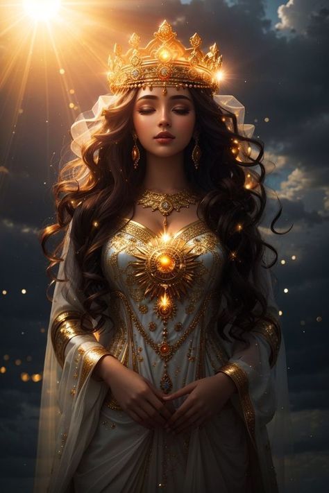 Sun Goddess Costume, Beautiful Digital Art, Fantasy Queen, Crown Art, Goddess Crown, Sun Goddess, Goddess Costume, Queen Aesthetic, Fantasy Princess