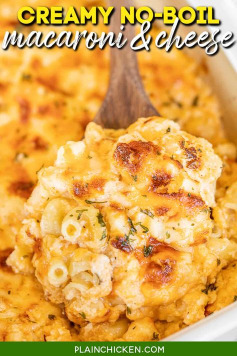 Creamy No-Boil Macaroni and Cheese - hands down the BEST mac & cheese EVER! Cottage cheese, milk, dijon mustard, cayenne, nutmeg, salt, pepper, sharp cheddar cheese, and macaroni. Everything cooks in the same pan, even the pasta! Can make the cheese mixture ahead of time and add noodles right before baking. Delicious side dish or meatless main dish. One Pan Baked Mac And Cheese, One Pan Mac And Cheese Baked Macaroni, No Boil Baked Mac And Cheese, Cottage Cheese Macaroni And Cheese, One Pan Mac And Cheese, No Boil Mac And Cheese, Bake Mac, Plain Chicken Recipe, Southern Macaroni And Cheese