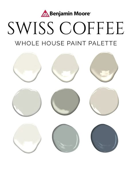 Swiss Mocha Benjamin Moore, Swiss Coffee And Evergreen Fog, Swiss Coffee And Agreeable Gray, Whole House Paint Scheme 2023 Benjamin Moore, Swiss Coffee Color Pallet, Swiss Mocha Paint Color, Snowbound Vs Swiss Coffee, Swiss Coffee Benjamin Moore Bathroom, Coordinating Colors With Swiss Coffee