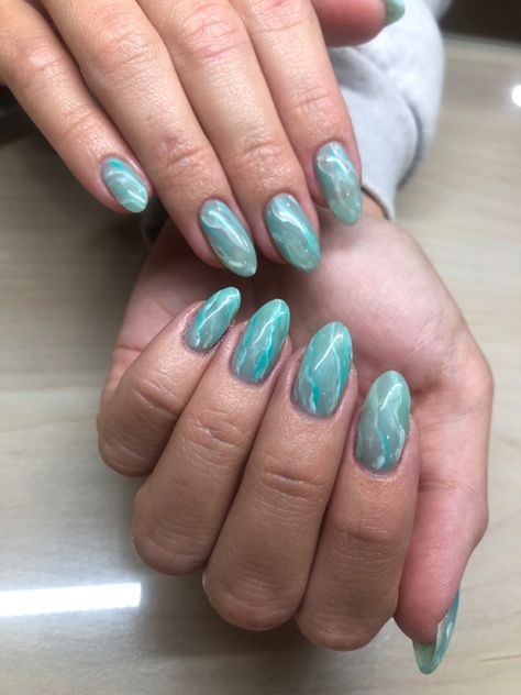 Aqua Marble Nails, Marble Nails Teal, Teal Marble Nails, Aquamarine Nails Design, Teal Nail Designs, Galaxy Nail Art, Water Nails, Teal Nails, Turquoise Nails