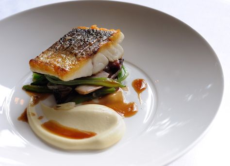 Escalope of wild sea bass with sautéed smoked bacon, red chicory, runner beans and red wine sauce Macdonald Food, Presentation Hacks, Smoked Bacon Recipes, Sea Bass Recipe, Bass Recipe, Sea Bass Recipes, Food Specials, Food Egg, Wild Sea