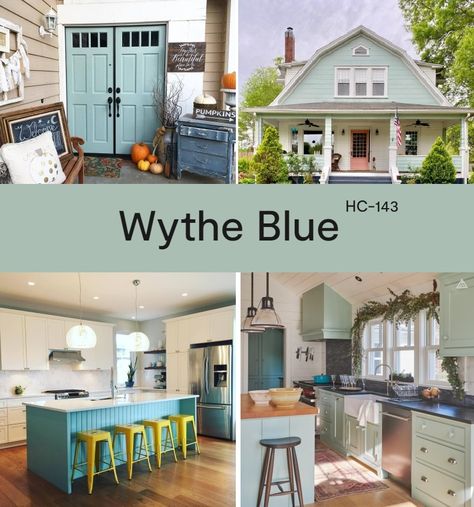 Williamsburg Wythe Blue Benjamin Moore, Paladian Blue, Blue Farmhouse Exterior, Wyeth Blue, Benjamin Moore Paint Colors Blue, Farmhouse Paint Color, Benjamin Moore Wythe Blue, Blue Benjamin Moore, Blue Bedroom Paint