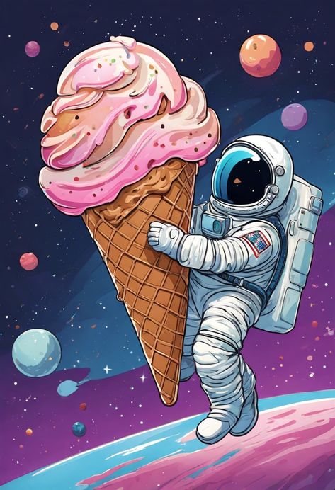 Giant Astronaut Ice cream Check more: https://paintlyx.com/giant-astronaut-ice-cream/ Astronaut Ice Cream, Astronaut In The Ocean Drawing, Astronaut On Skateboard, Ice Cream Wall Art, Astronaut Cartoon, Trippy Astronaut, Trippy Astronaut Art, Art Spatial, Ice Cream Day