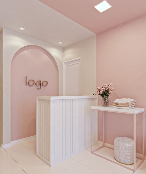 Pink And White Salon Decor, Pink Boutique Interior Design, Brow Studio Decor Small Spaces, Pink And White Salon, Salon Interior Design Pink, Salon Boutique Ideas, Pink And Gold Salon, Business Decor Ideas, Boutique Decor Ideas Retail Store Design