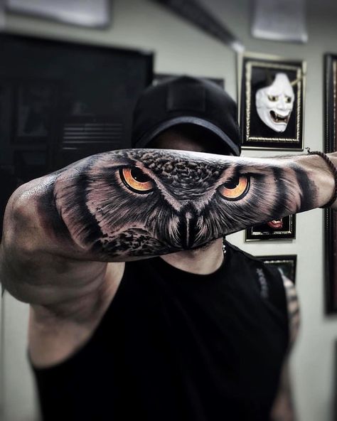 Owl Forearm Tattoo, Owl Eye Tattoo, Mens Owl Tattoo, Owl Tattoo Meaning, Owl Tat, Realistic Owl Tattoo, Owl Tattoo Sleeve, Owl Tattoo Drawings, Instagram Tattoos