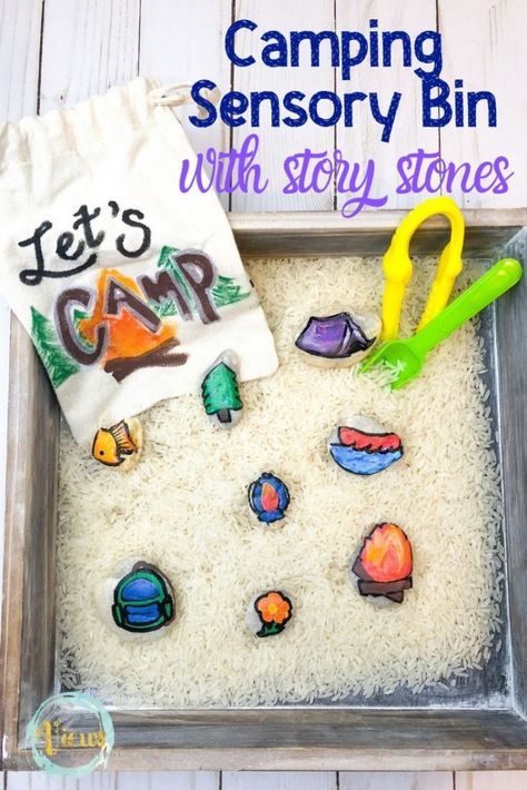 Camping Sensory Bin with DIY Story Stones Camping Provocation, Camp Theme Sensory Bin, Camp Sensory Bin, Camping Montessori Activities, Fine Motor Camping Activities, Camping Sensory Table, Camping Sensory Bin Preschool, Camping Sensory Bin, Indoor Camping Activities