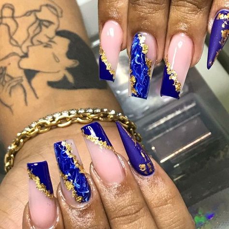 Royal Blue And Gold Prom Nails, Royal Blue And Rose Gold Nails, Royal Blue Nails With Rhinestones, Royal Blue Gold Nails, Royal Blue Nails With Gold, Blue And Gold Nails Acrylic, Royal Blue And Gold Acrylic Nails, Royal Blue And Gold Nails, Blue And Gold Nail Designs