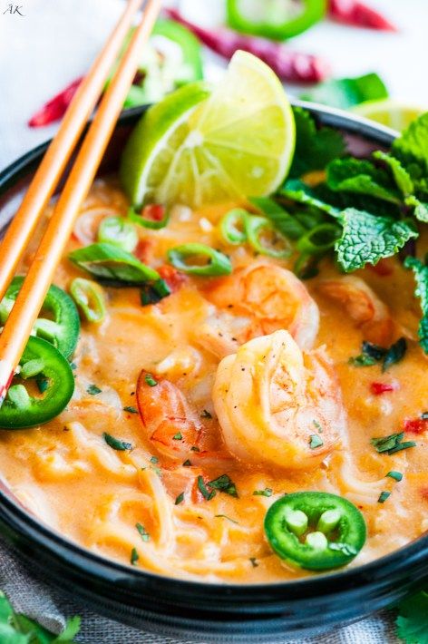 Thai Coconut Curry Shrimp Noodle Soup | aberdeenskitchen.com Thai Coconut Soup With Noodles, Coconut Curry Shrimp Soup, Curry Shrimp Soup, Christmas Soups, Shrimp Noodle Soup, Thai Mat, Thai Coconut Curry, Coconut Curry Shrimp, Thai Coconut Soup