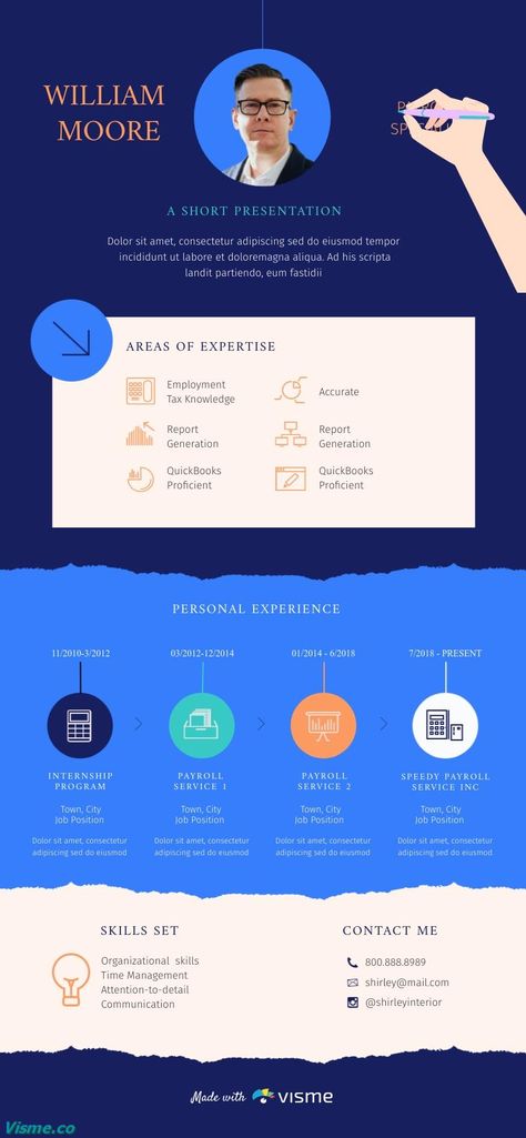 Payroll Specialist Resume Infographic Template Visme Payroll Specialist, Resume Infographic, Case Study Template, Data Visualization Tools, Infographic Resume, Visual Style, Internship Program, Free Infographic, Infographic Template