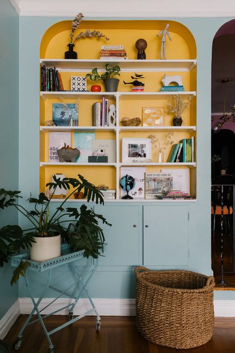 Cozy Corner Seating, Duck Egg Blue Wall, Prewar Apartment, Bronx Apartment, Boho Living Room Inspiration, Painted Bookshelves, Beautiful Bookshelf, Ikea Design, Long Sofa