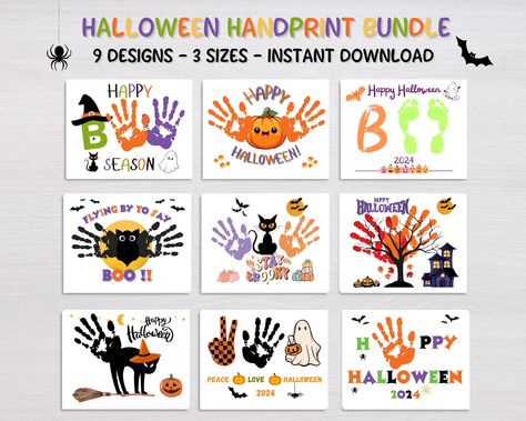 Halloween Handprint Art, Handprint craft, printable bundle. Perfect for daycare or preschool activity celebrating the Halloween Season. This Keepsake Handprint project is a fun preschool craft. These Handprint art  projects are designed to bring creativity to your home, daycare, or craft time.  Bundle includes footprint art too.  Works great as a homeschool craft.  What's Included:  High-Resolution PDF Files: File is design in high-resolution PDF format, ensuring crisp and vibrant prints every t Halloween Toddler Canvas Art, Pre K Handprint Art, Halloween Crafts Handprint, Halloween Hand Print Art, Halloween Hand And Foot Print Art, Hand Print Halloween Crafts, Halloween Daycare Crafts, October Handprint Art, Halloween Handprint Art For Toddlers