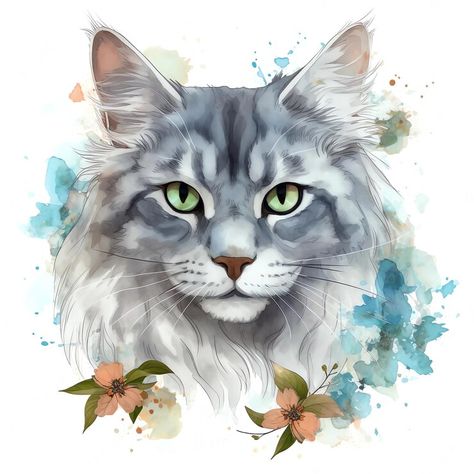 Favorite Tattoos, Cat Watercolor, Grey Art, Print Ideas, Watercolor Cat, Animal Painting, Cartoon Faces, Fall Prints, Cat Tattoo