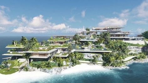 Private Island Mansion, Futuristic Mansion, Tropical Houses Architecture, Island Mansion, Luxury Villa Design, Luxury Modern Homes, Dream Mansion, Tropical Architecture, Green Architecture