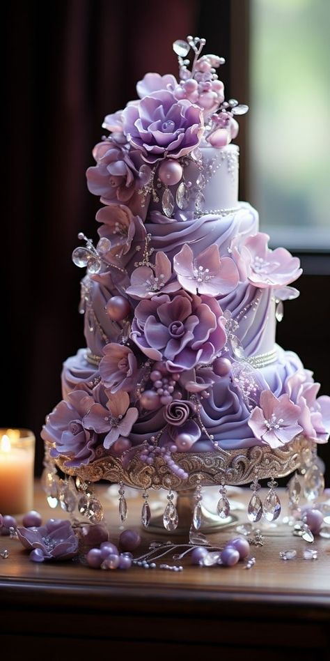 Glamour Cake, Wedding Cake Strain, Flower Cake Design, Purple Cake, Creative Wedding Cakes, Fantasy Cake, Fondant Wedding Cakes, The Wedding Cake, Purple Cakes