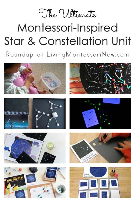 Montessori-inspired star and constellation unit with a roundup of resources and activities for multiple ages; perfect for classroom or homeschool - Living Montessori Now #Montessori #astronomy #constellations #homeschool #preschool #kindergarten Montessori Astronomy, Montessori Schedule, Montessori Space, Constellation Activities, Homeschool Astronomy, Homeschool Toddler, Kindergarten Inquiry, Light Experiments, Montessori Kindergarten