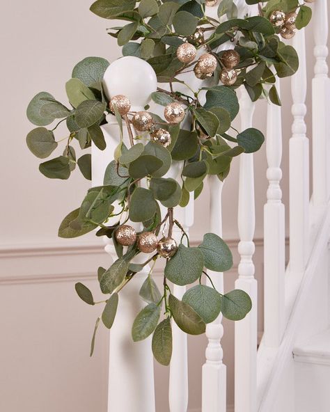 green staircase garland Christmas Wreaths Indoor, Warm String Lights, Chevron Door, Garden Hooks, Garden Bench Cushions, Wreath Hangers, Copper Anniversary Gifts, Artificial Eucalyptus, Eucalyptus Garland