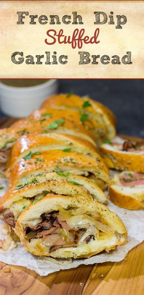 A good French Dip sandwich is hard to beat...unless you stuff it inside of garlic bread!  This French Dip Stuffed Garlic Bread is a comfort food favorite! French Garlic Bread, Stuffed Garlic Bread, Sliced Roast Beef, Bite Size Food, Sandwich Bread Recipes, French Dip Sandwich, Braided Bread, Bread Appetizers, French Dip