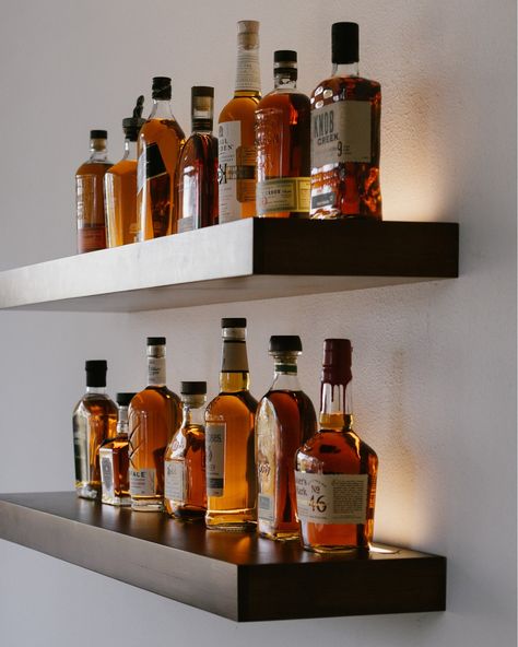 Raising a glass to craftsmanship this World Whiskey Day! 🥃 Keep your spirits high and your favorite bottles on display with our LED floating shelves. Pictured here: Maple Shelves in Medium brown, 4000k LED. #worldwhiskeyday #floatingshelves Whiskey Collection Display, Whiskey Shelves, Led Floating Shelves, Whisky Display, Maple Shelves, Whisky Cabinet, Masculine Office, Whisky Collection, Furniture Graphic