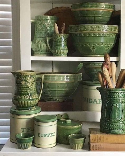 Benjy Fenwick, Vintage Pottery Planters, Paint Pottery, Green China, American Interior, Green Pottery, Antique Stoneware, Cute Kitchen, Pottery Planters