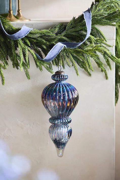 Blue Glass Giant Finial Ornament | AnthroLiving Handmade Felt Ornament, Acorn Ornaments, Holiday Birds, Wooden Shadow Box, Pinecone Ornaments, Mercury Glass Ornaments, Bauble Ornaments, Globe Ornament, Coastal Christmas