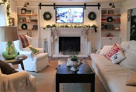 Gwen Moss: welcome to my little Christmas tour... Tv Above Fireplace, Hide Tv, Above Fireplace, Tv Over Fireplace, Decorative Fireplace, Fireplace Stone, Wooden Fireplace, Finish Carpentry, Hidden Tv