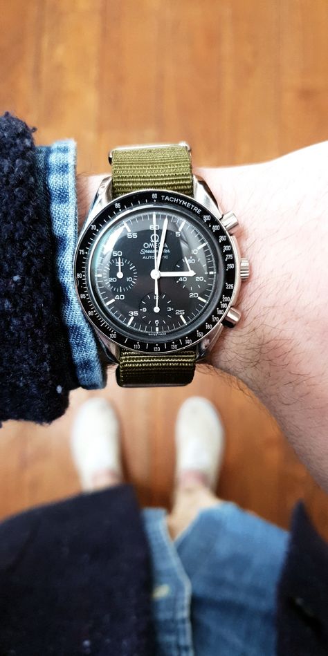 Omega Speedmaster Reduced (Automatic), from 1995-1996. Olive green Nato strap. Iwc Mark Xv, Speedmaster Omega, Luxury Goals, Omega Speedmaster Reduced, Best Looking Watches, Nato Strap, Rolex Daytona, Omega Speedmaster, Omega Seamaster