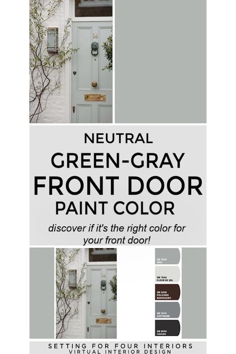 Discover this beautiful green-gray front door color! Learn all about it's undertones, coordinating colors & an exterior color scheme. Evergreen Fog Front Door, Grey House Green Door, Sage Green Front Door, Gray Front Door Colors, Brick Paint Colors, Colours That Go With Grey, Exterior Doors With Sidelights, Grey Front Door, Red Brick Exteriors