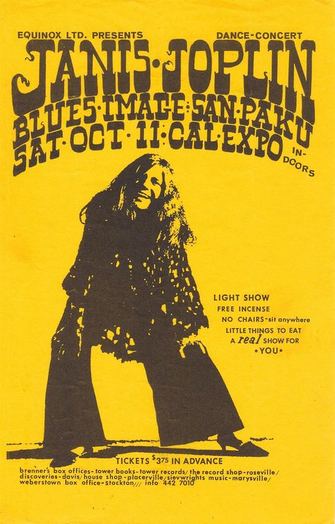 Concert handbill for Janis Joplin and the Kozmic Blues Band at the Cal-Expo Events Building in Sacramento, California on October 11, 1969. Book Tower, Concert Lights, Rock Poster Art, Rock & Roll, Vintage Concert Posters, Music Concert Posters, Vintage Music Posters, Music Flyer, Band Poster