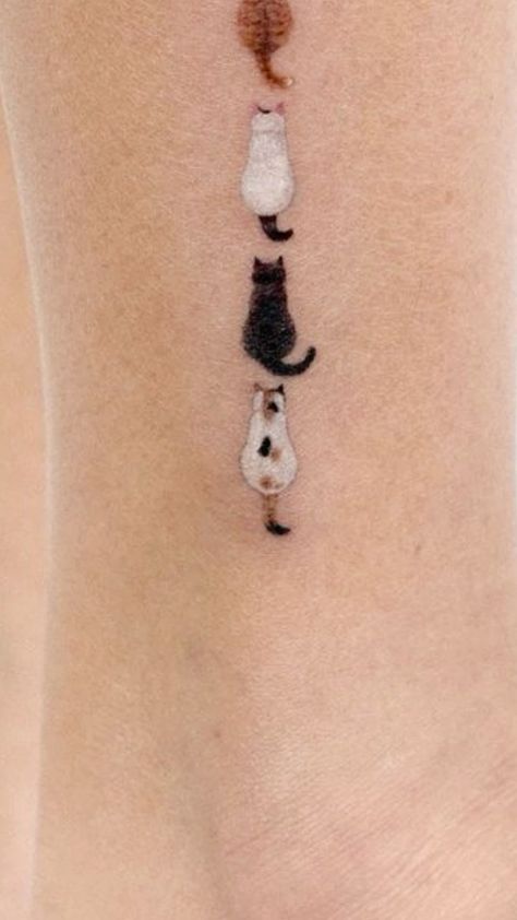 Animal Tattoos Minimalist, Four Cats Tattoo, Cat Tree Tattoo, Cats Tatoos Ideas, Paw Cat Tattoo, Micro Cat Tattoo, Cat Marking Tattoo, Tattoos For Your Cat, Gray Cat Tattoo