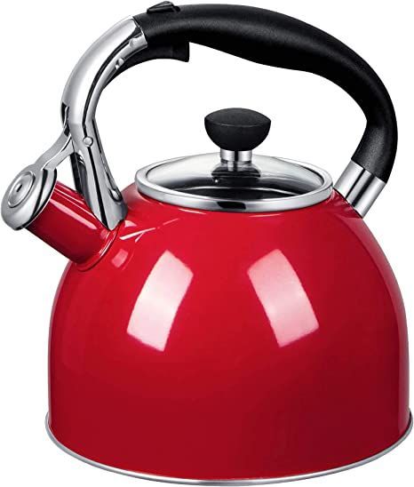 Rorence Whistling Tea Kettle: 2.5 Quart Stainless Steel Kettle with Capsule Bottom & Heat-resistant Glass Lid (Red) Red Kettle, Stove Top Kettle, Stovetop Kettle, Gooseneck Kettle, Electric Tea Kettle, Stainless Steel Kettle, Hot Water Dispensers, Whistling Tea Kettle, Tea Kettles