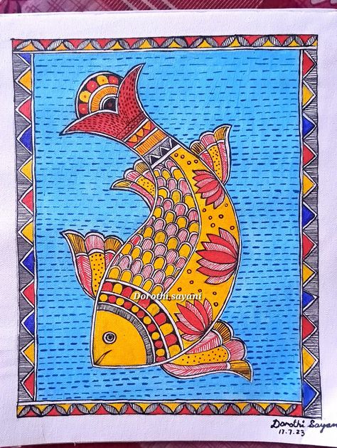 Madhubani fish on canvas paper Madhubani Painting Fish Design, Madhubani Fish Design, Madhubani Fish Paintings, Madhubani Art Fish, Fish Madhubani Painting, Madhubani Drawing, Madhubani Fish, Madhubani Motifs, Farewell Ideas