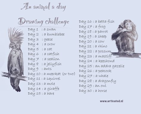 30 day drawing challenge: an animal a day www.articated.nl Animal Challenge Drawing, Beginner Artist Challenge, Drawing Challenge Animals, 100 Animals Challenge, Drawing Challenge 31 Day, Drawing Prompts Animals, Drawing Challenge 30 Day Beginner, Daily Sketching Ideas 30 Day, June Drawing Challenge 2024