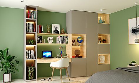 Multi-purpose furniture, study unit with an attached bookshelf elegant design fits the interior theme. Wall Colour For Study Room, Study Room Colour Ideas, Study Room Colour Combination, Study And Bedroom Combined, Cream Colour Combinations, Grey Study, Multifunctional Furniture Design, Modern Study Rooms, Room Colours