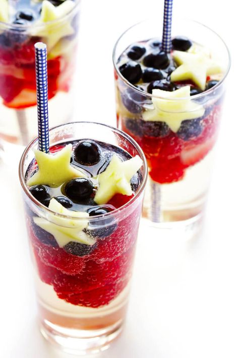 This Sparkling Red, White and Blue Sangria recipe is fun, delicious, easy to make, and guaranteed to be the hit of your patriotic party! Red White And Blue Sangria, Blue Sangria, Sparkling Sangria, Patriotic Cocktails, 4th Of July Cocktails, Patriotic Food, Blue Drinks, Blue Desserts, Fourth Of July Food