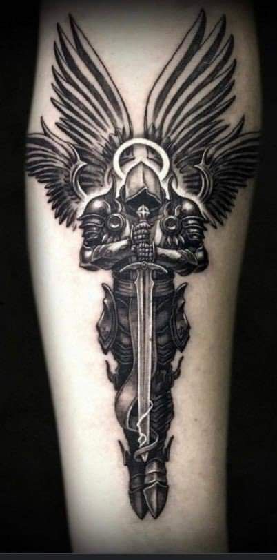 Cross Design Tattoo For Men, Knight Angel Tattoo, Armor Of God Tattoo For Men, Cover Up Tattoos For Men Forearm, Cross Cover Up Tattoo Ideas, Archangel Michael Tattoo For Men, Christian Tattoos For Men Arm, St Michael Tattoo Forearm, Tattoo Cover Up Ideas For Men