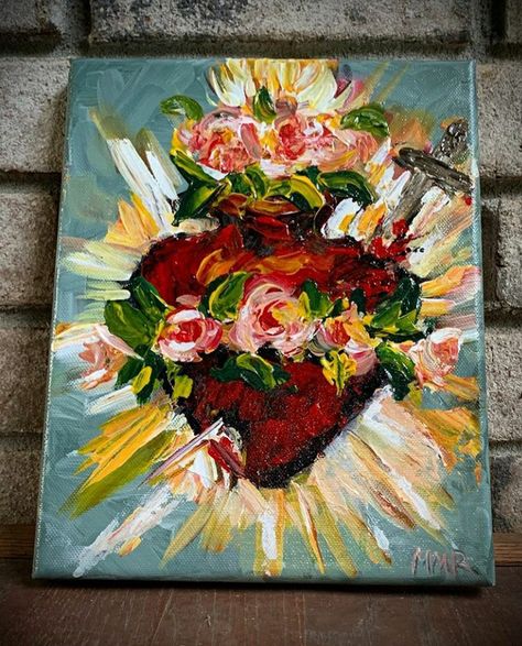 Easter Catholic Art, Painting Ideas On Canvas Virgin Mary, Immaculate Heart Of Mary Painting, Sacred Heart Painting Mexican, Mexican Heart Painting, Mexican Paintings Ideas On Canvas, Sacred Heart Art Painting, Catholic Painting Ideas, Mexican Sacred Heart Art