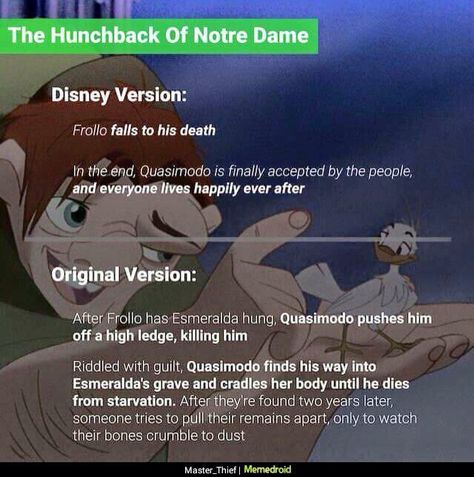 Disney movies vs the original story Childhood Ruined Disney, Original Disney Stories, Creepy Disney, Childhood Ruined, Disney Theory, Disney Secrets, Classic Disney Movies, Disney Version, Hunchback Of Notre Dame